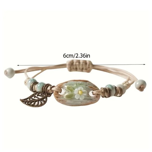 Adjustable Flower Bracelet Leaf Accent Boho Vintage Style Womens Jewelry Gift - Picture 7 of 7